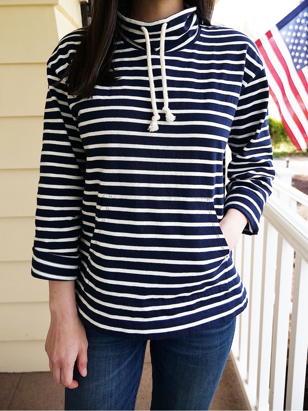 J. Crew Navy & White Striped Funnel-Neck Pullover